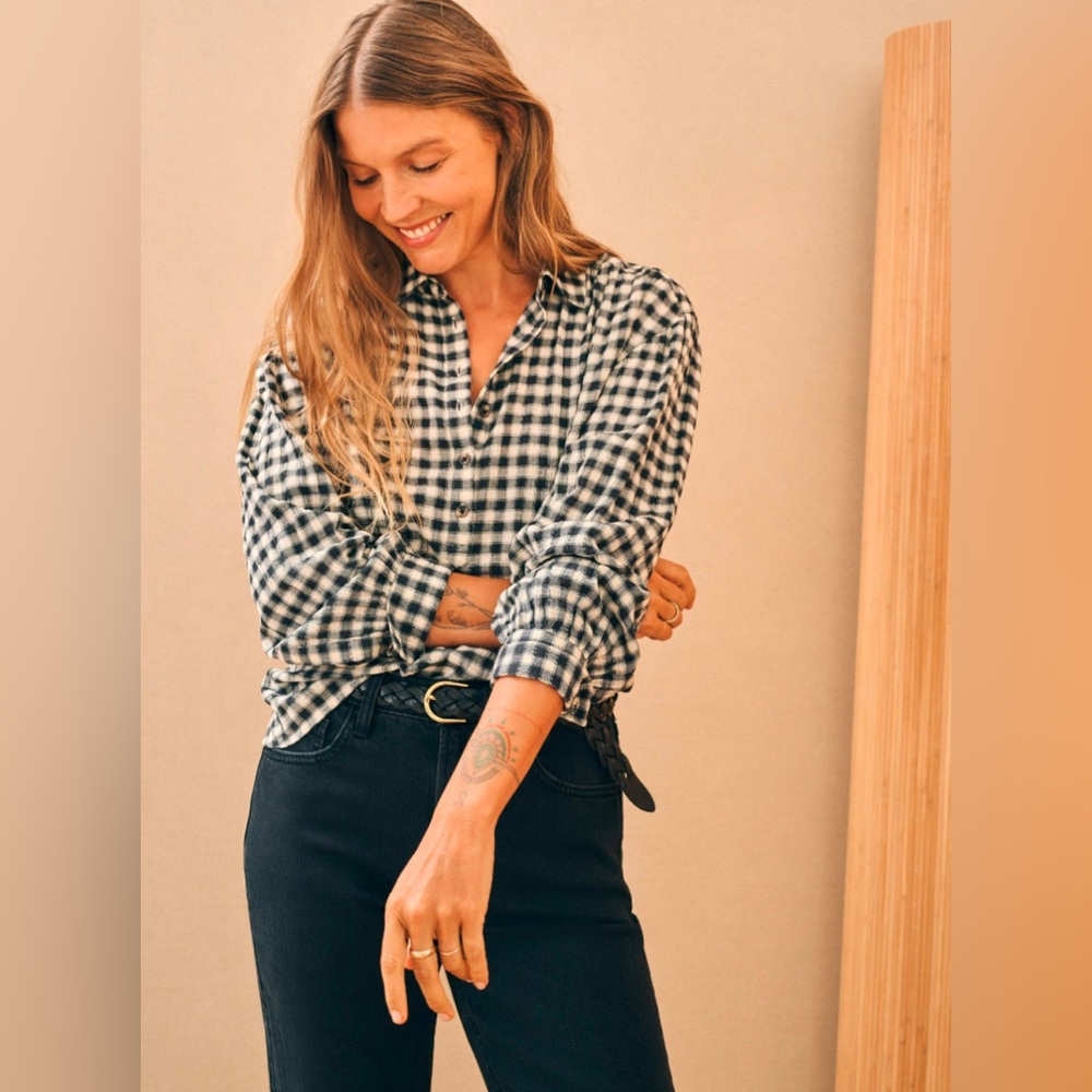 FAHERTY Olli Top - Moonlit Gingham S Black & Cream Checked Half Button Blouse